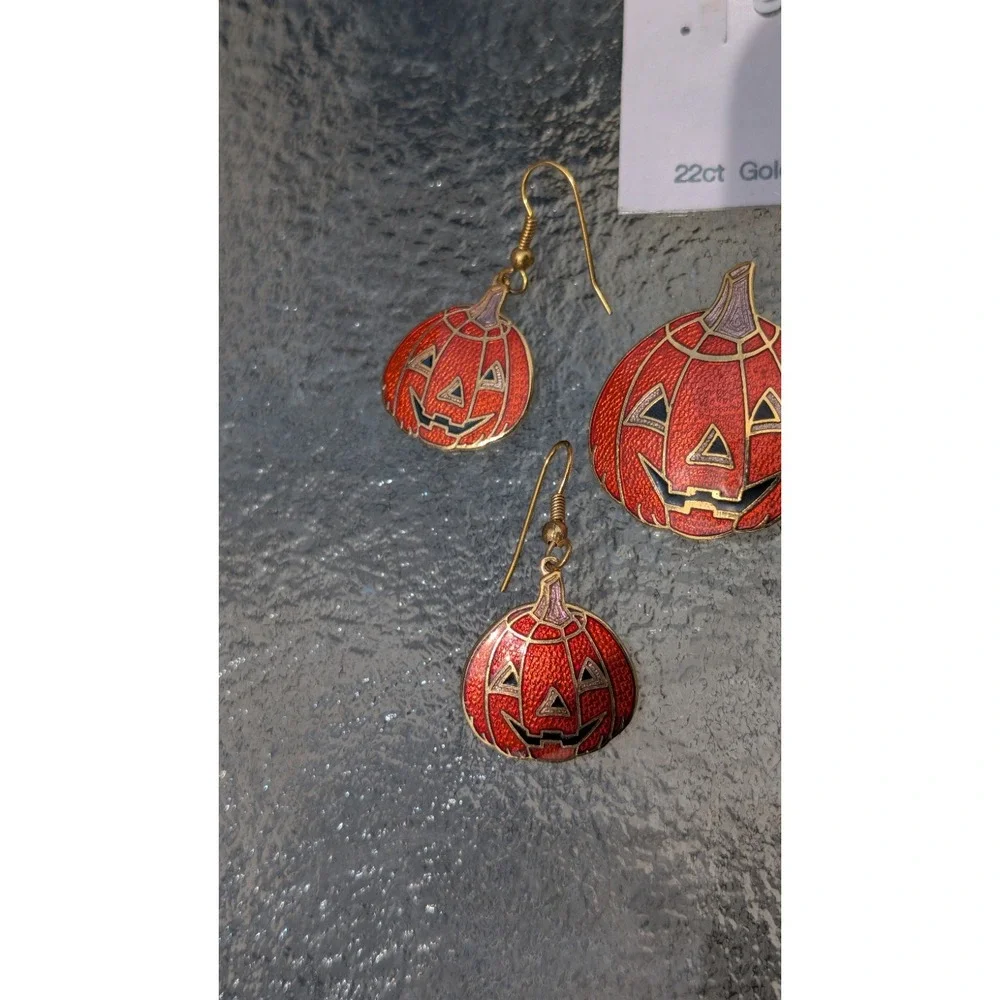 Enamels 22ct Gold Plated Halloween Pumpkin Pen Brooch Earrings